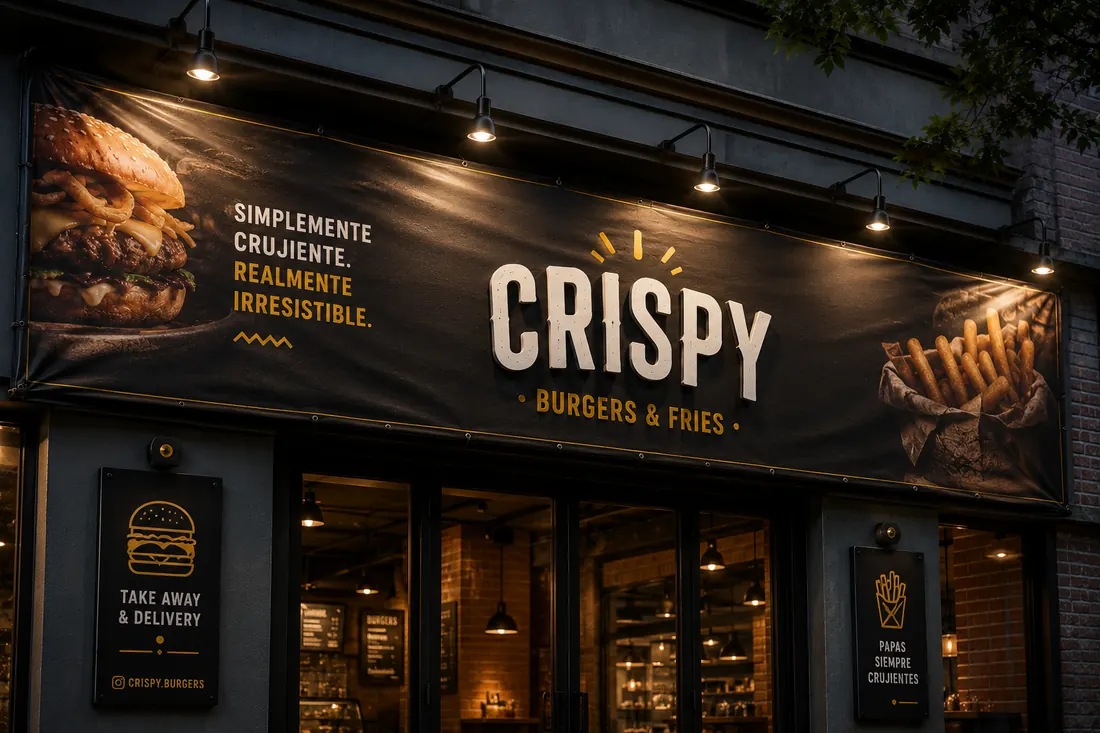 Lona de fachada de Crispy Burgers and Fries iluminada sobre el acceso