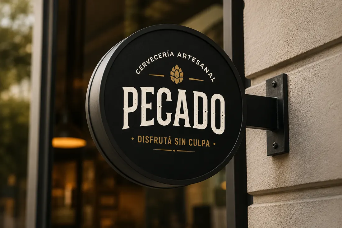Cartel circular saliente de la cervecería artesanal Pecado montado en la fachada