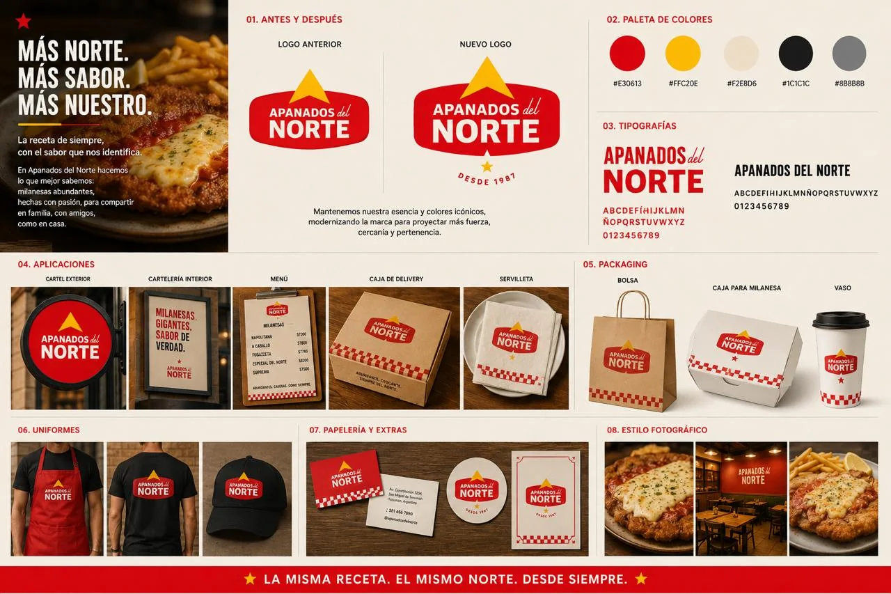 Manual de marca de Apanados del Norte: logo anterior y nuevo, paleta, tipografías, aplicaciones, packaging, uniformes y papelería