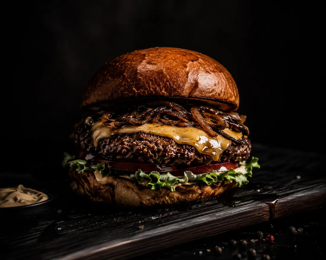 Hamburguesa con cebolla caramelizada fotografiada en clave baja sobre una tabla oscura