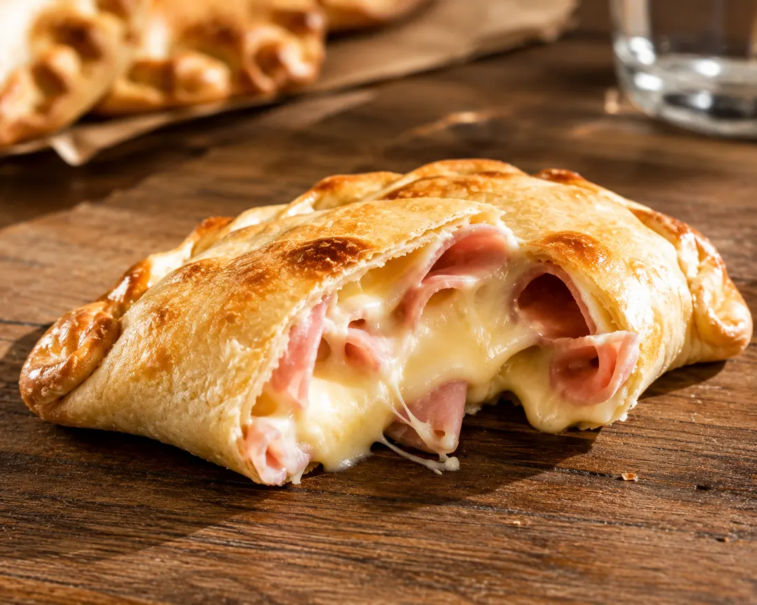 Empanada de jamón y queso abierta al medio con el queso derretido