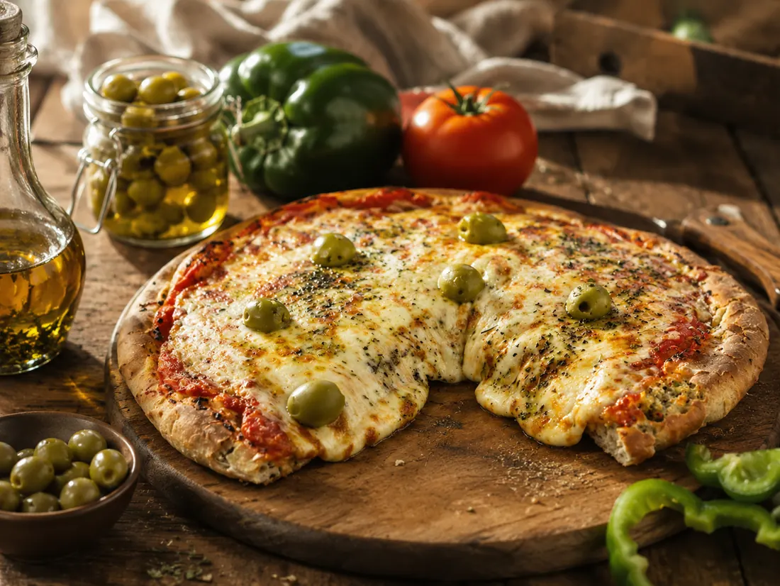 Pizza de muzzarella con aceitunas sobre tabla de madera