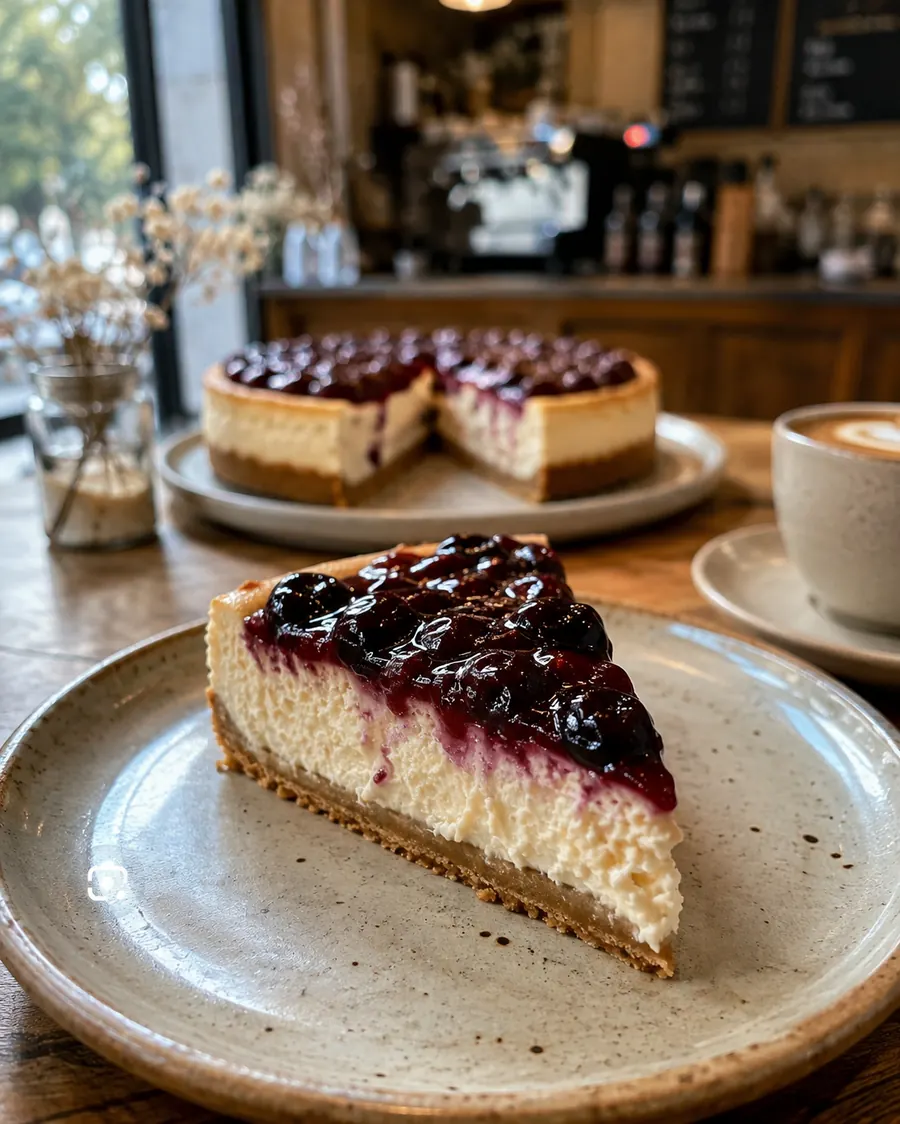 Porción de cheesecake de frutos rojos servida en el salón de una cafetería