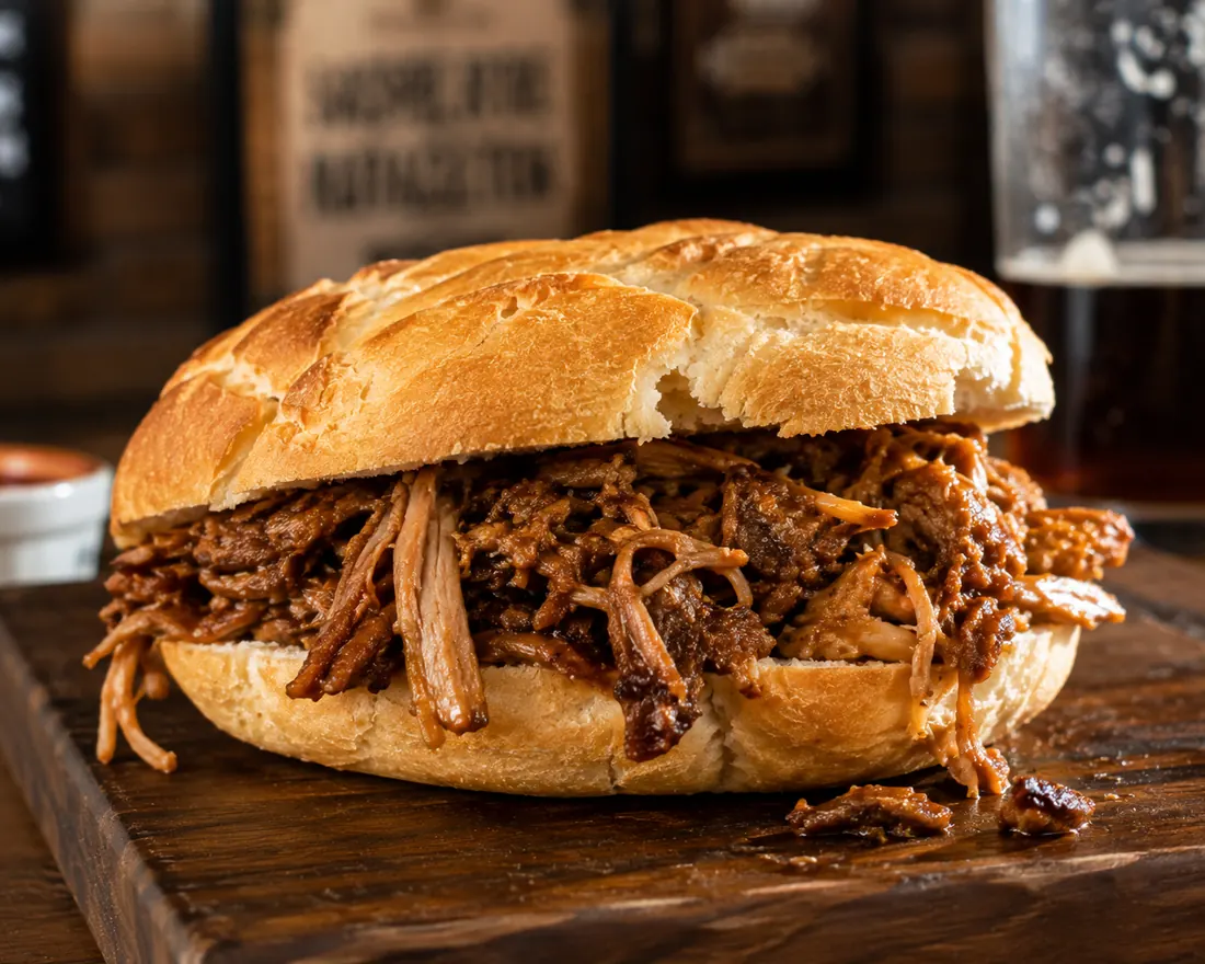 Sándwich de carne desmechada sobre tabla de madera en la barra de un bar
