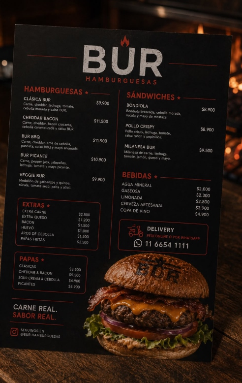 Carta de hamburguesería BUR sobre fondo negro