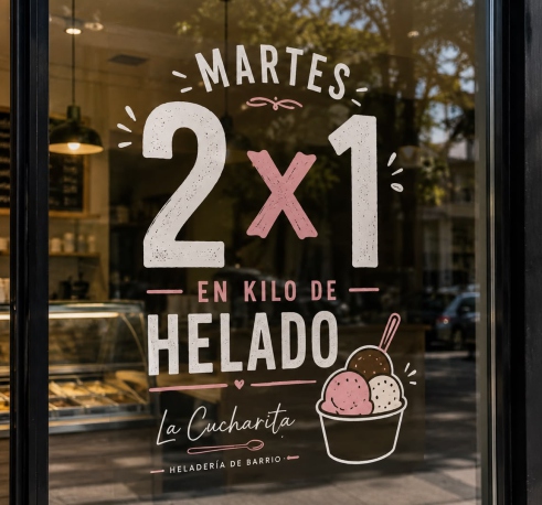 Vinilo de vidriera con promo 2x1 en helado