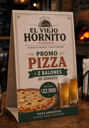 Display de promo de pizzería El Viejo Hornito