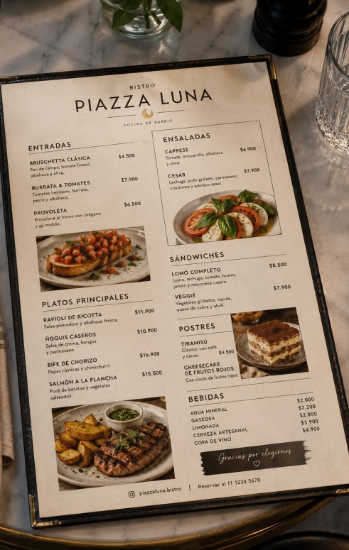 Menú de mesa de Piazza Luna