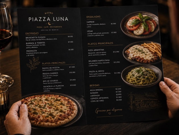Carta desplegada de Piazza Luna con fotografía de platos