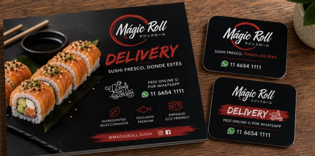 Folletería y tarjetas de delivery de sushi Mágic Roll