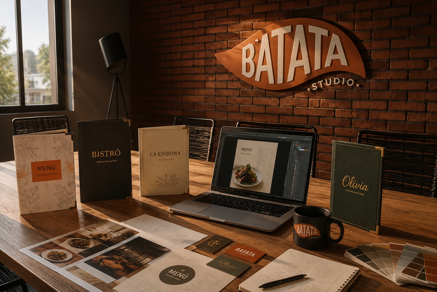 Mesa de trabajo de Batata Studio con menúes, piezas de marca y muestras de diseño