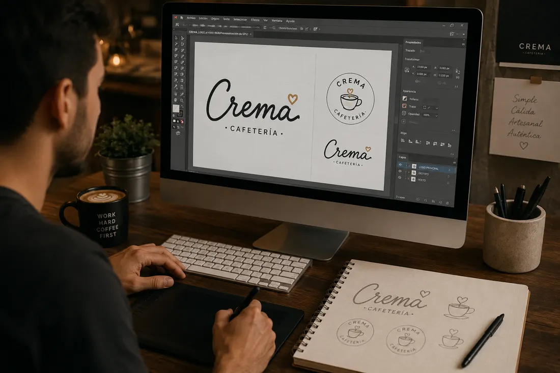 Diseño del logo de la cafetería Crema en Illustrator, con el cuaderno de bocetos al lado