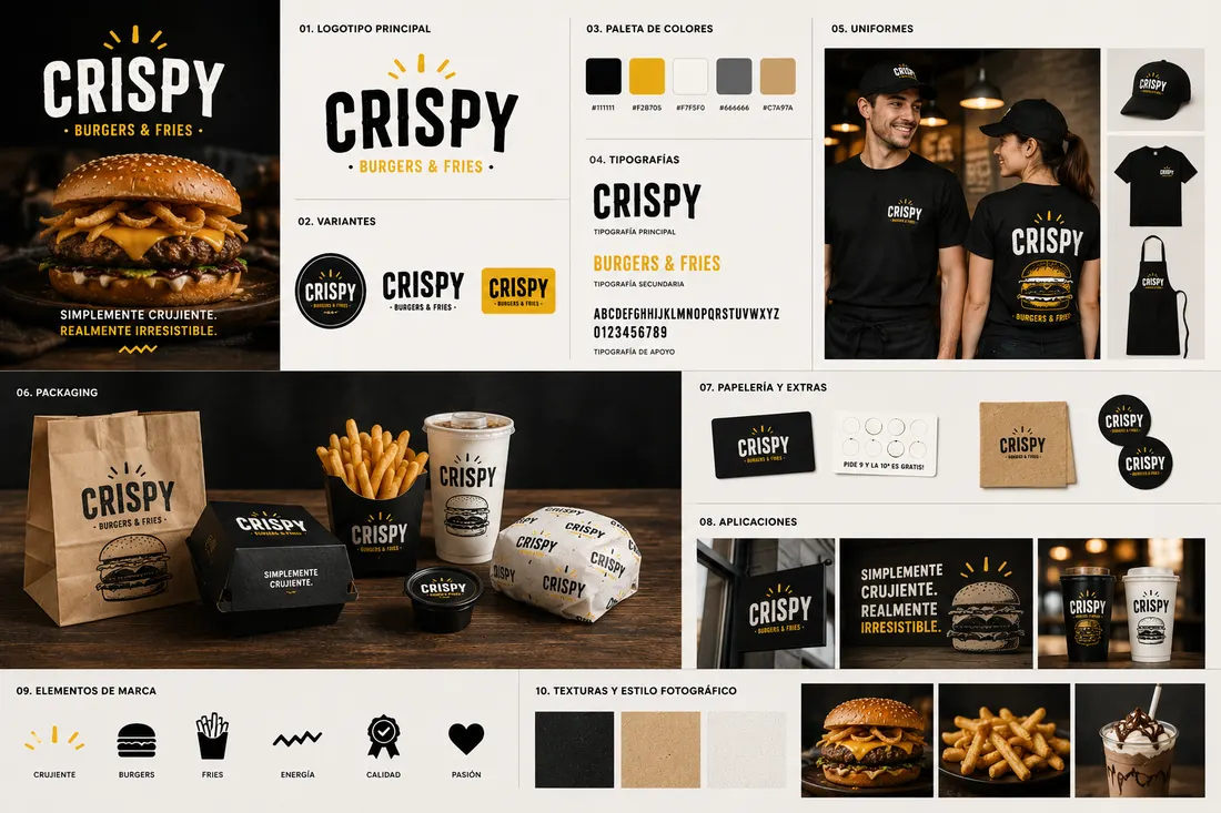 Identidad de Crispy Burgers and Fries aplicada en packaging, uniformes y papelería