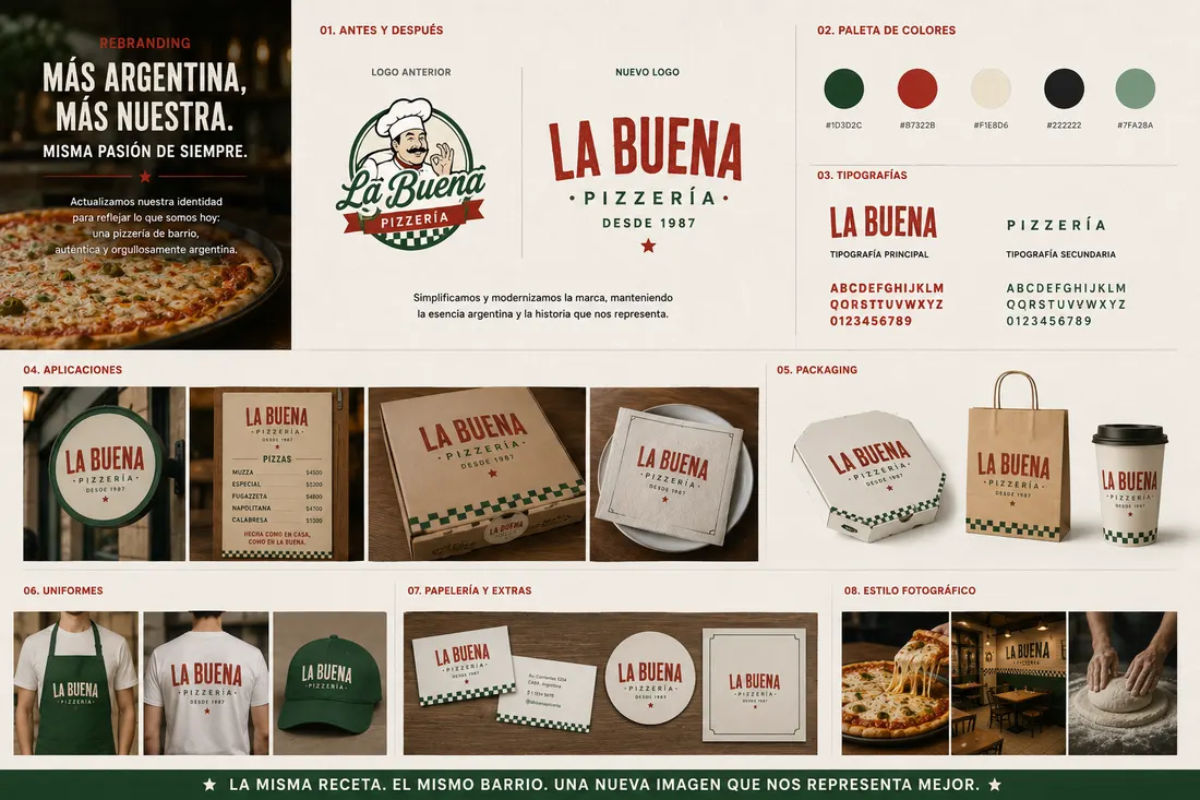 Rebranding de la pizzería La Buena: logo anterior y nuevo, paleta y packaging