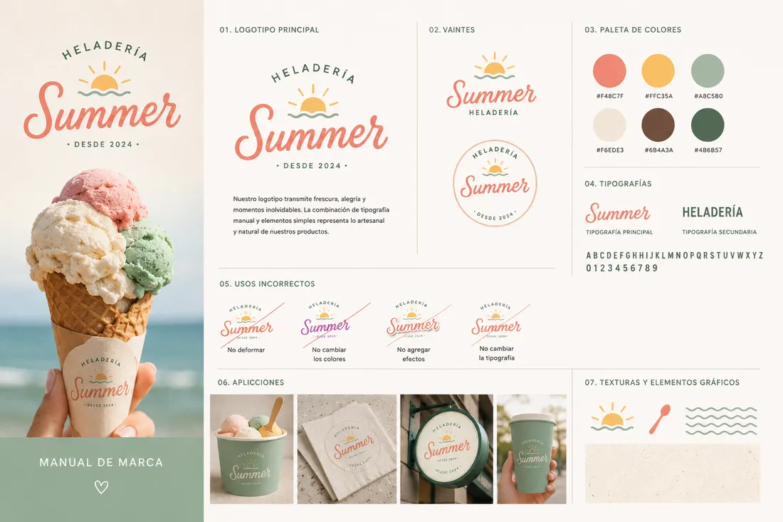 Manual de marca de la heladería Summer con paleta de colores y aplicaciones