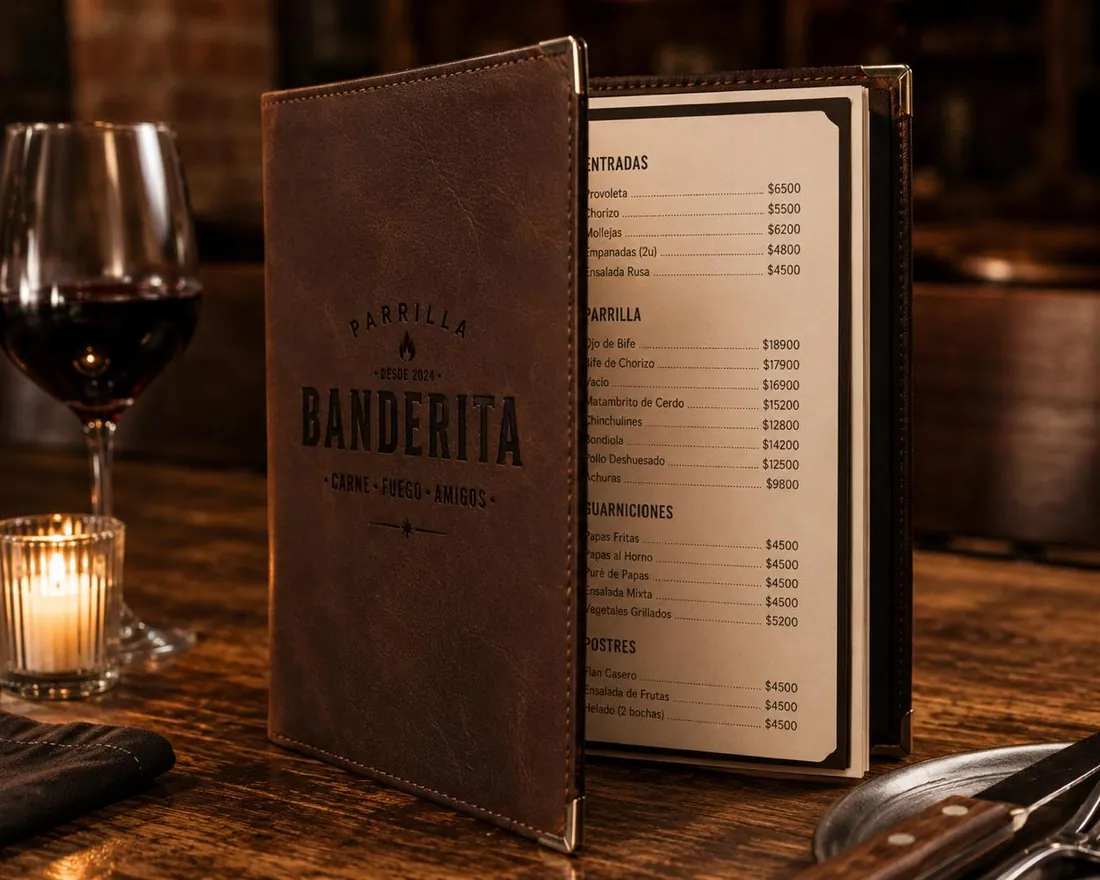 Carta en cuero de la parrilla Banderita junto a una copa de vino