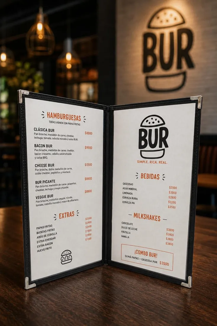 Carta desplegable de la hamburguesería BUR