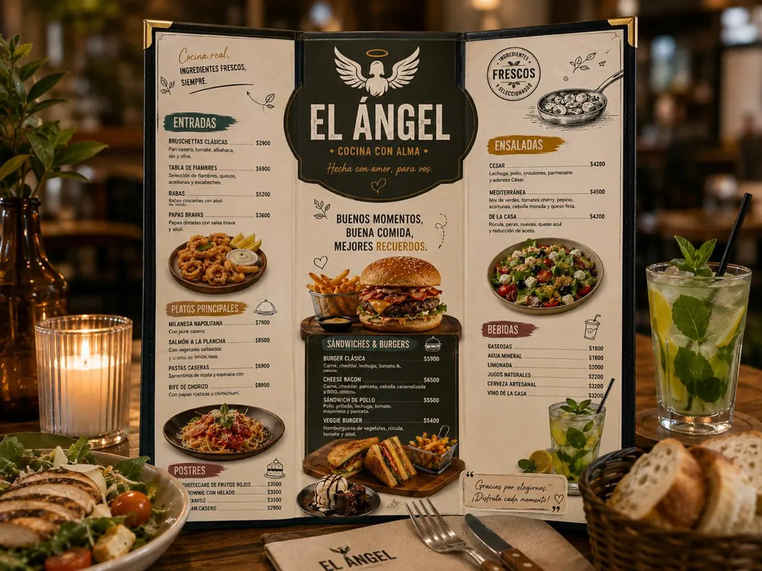 Tríptico de El Ángel con fotografía de platos y secciones de entradas, principales y postres