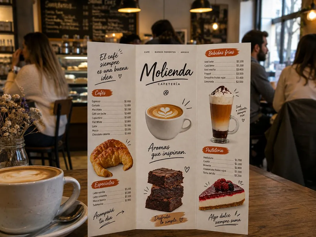 Tríptico de la cafetería Molienda sobre la mesa del local