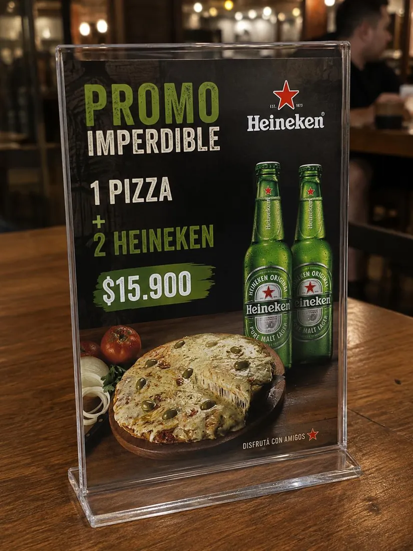 Display de mesa con promo de pizza y cerveza