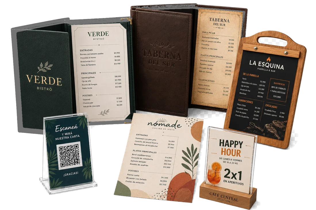 Cartas, pizarras y displays de mesa diseñados por Batata Studio