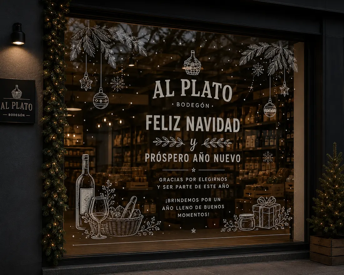 Vidriera del bodegón Al Plato ploteada con motivos navideños