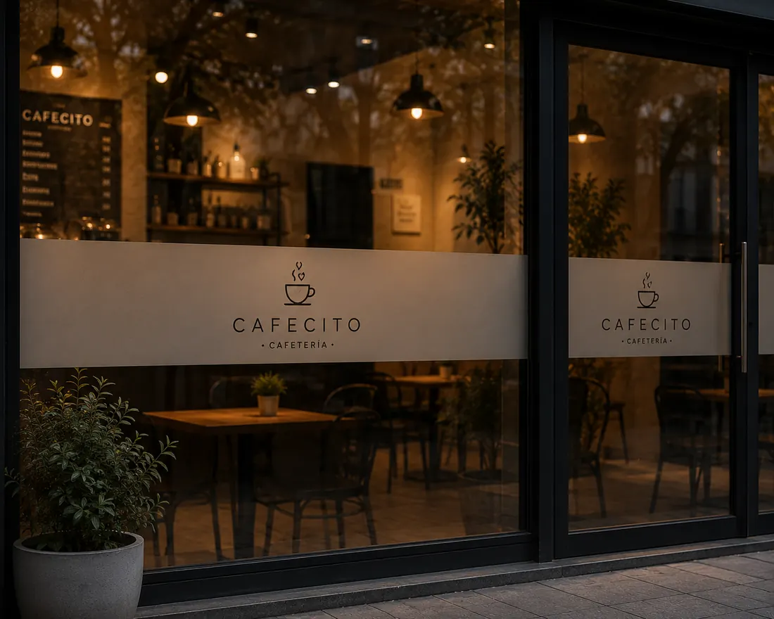 Banda esmerilada con el logo de Cafecito en la vidriera de la cafetería