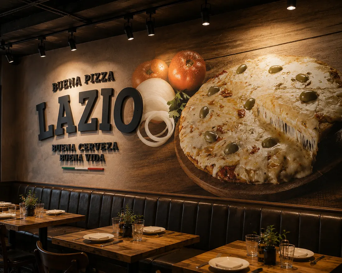 Mural interior de la pizzería Lazio con letras corpóreas y gigantografía de pizza