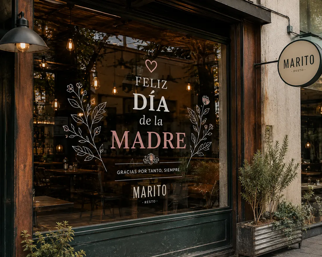 Vidriera de Marito resto ploteada por el Día de la Madre