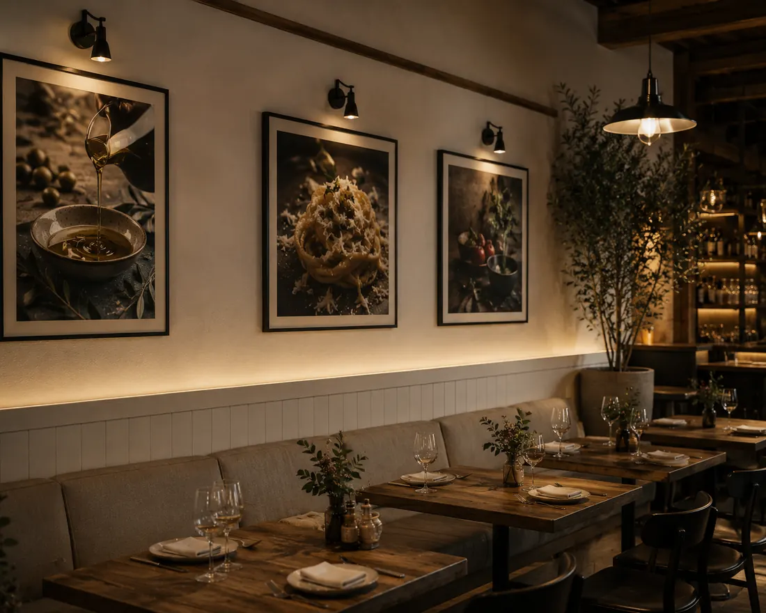 Cuadros de fotografía gastronómica sobre las mesas del salón de un restaurante