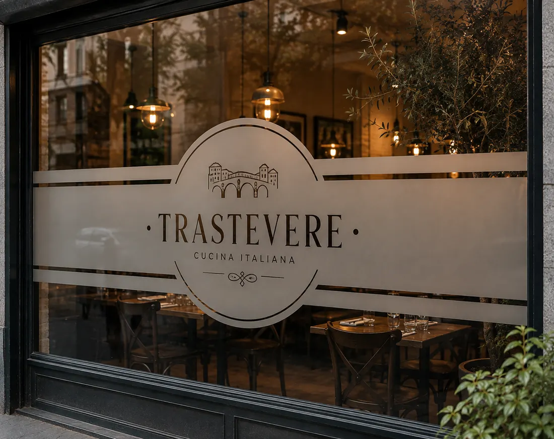 Vinilo esmerilado con la marca de Trastevere cucina italiana en la vidriera del restaurante
