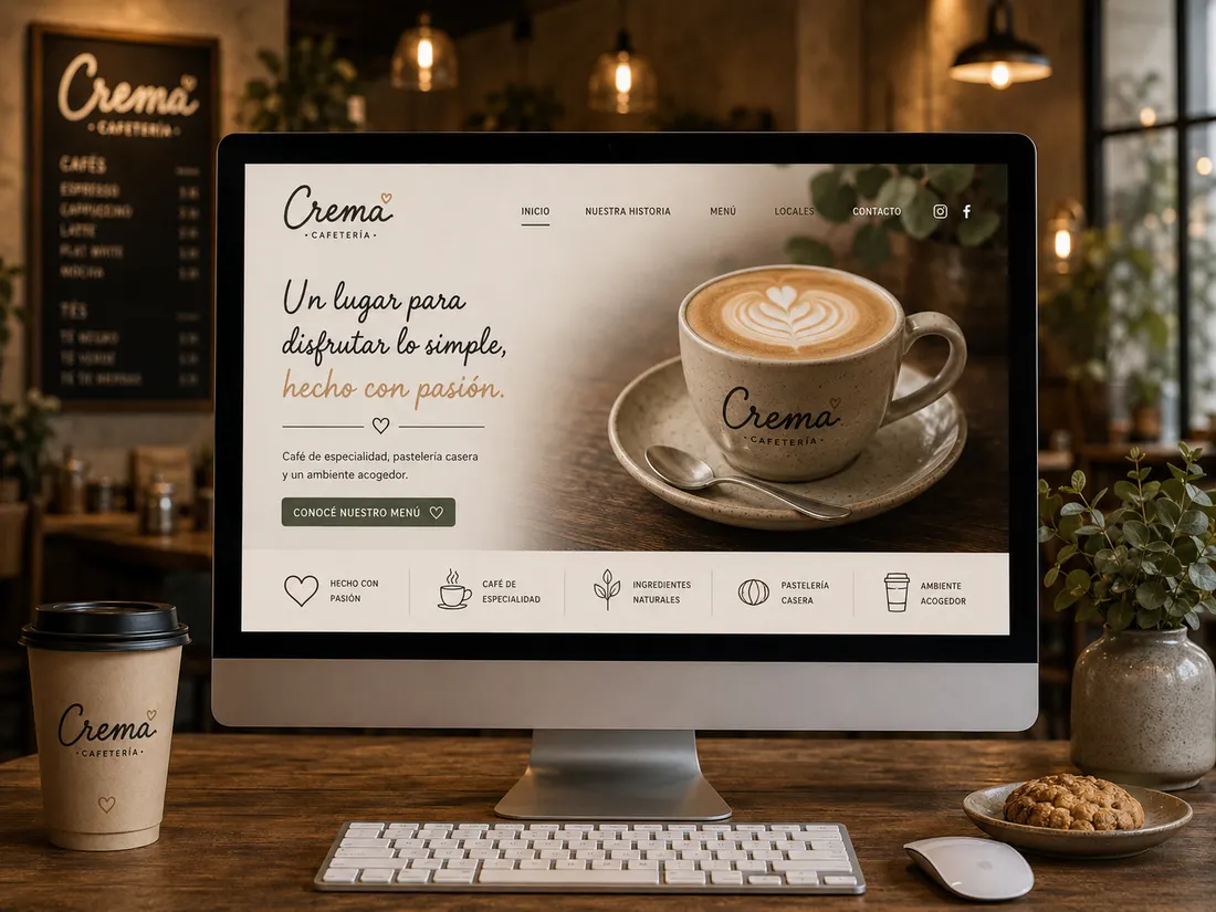 Sitio web de la cafetería Crema en un monitor, con una taza de café con arte latte en la portada