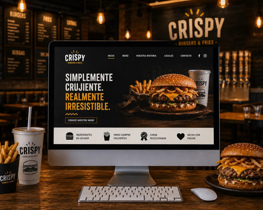 Sitio web de la hamburguesería Crispy en un monitor, con una hamburguesa y papas en la portada