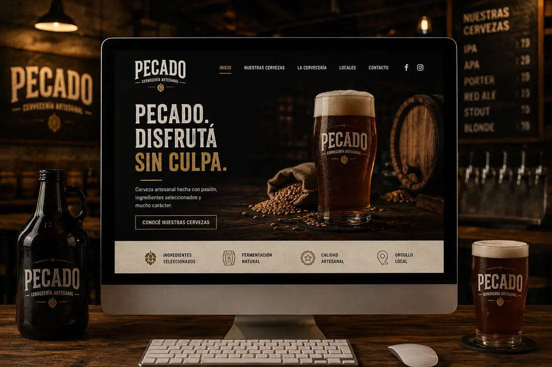 Sitio web de la cervecería artesanal Pecado en un monitor, con la portada oscura y el menú de secciones